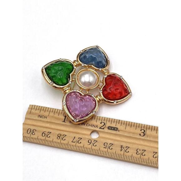 Brooch Pin Four Leaf Hearts Acrylic Colorful Faux Pearl Gold Tone - Picture 3 of 6